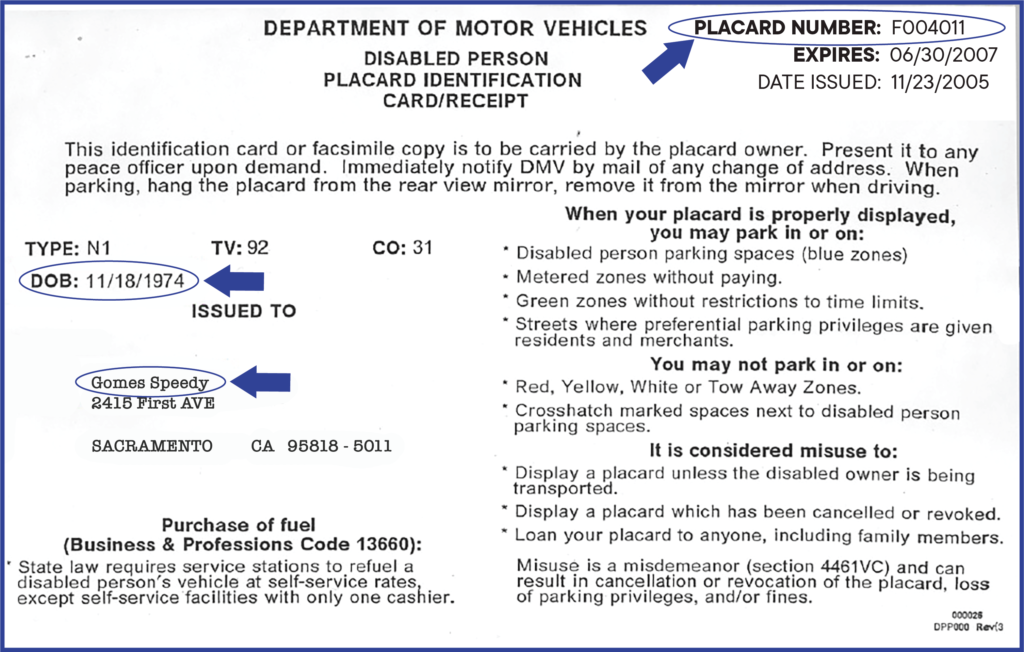 Sample Disabled Person Placard Identification Card. Placard number, date of birth, and owner's name are marked with arrows. Placard number is on the top-right, date of birth and owner name are on the left side.