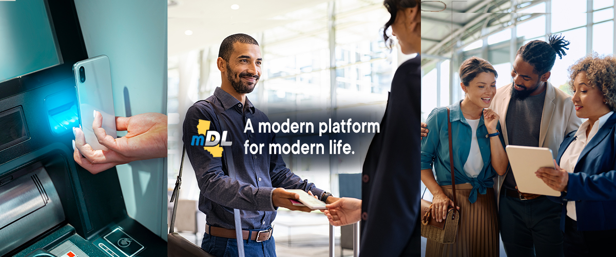 Scenes showing A smartphone being scanned at an A T M, a man showing his smartphone to a security guard at a checkpoint, and three people reviewing a tablet. In the center is text reading "M D L, a modern platform for modern life."