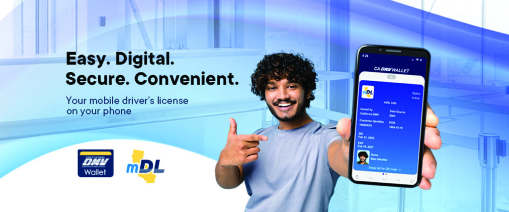 Man holding a smartphone with his M D L displayed on the screen. There is text next to him reading "Easy. Digital. Secure. Convenient. Your mobile driver's license on your phone." The D M V Wallet and M D L logos are displayed below the text.